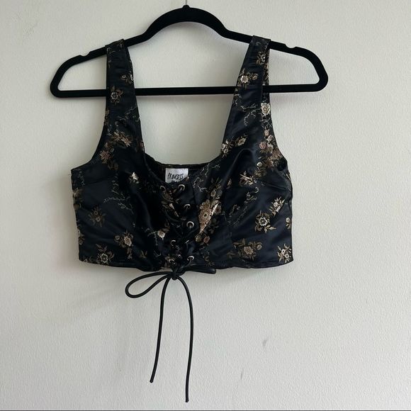 Princess Polly Tops - Princess Polly Black Floral Embroidered Lace Up Corset Crop Top Size 6